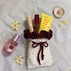 [100% HANDMADE] Mini Pouch Rajut Kosmetik & Skincare / Tas Serut Rajut Multifungsi